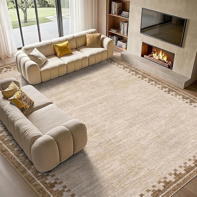 GarveeHome Cross Bordered Large Area Rug 9x12 Machine Washable Non Slip Low Pile Dining Room Carpet Geometric Stain Resistant Living Room Bedroom Home Office Rug, Beige