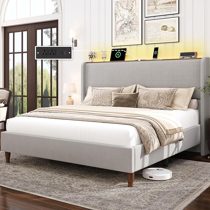 LARMACE King Size Bed Frame with LED Lights and Charging Station Linen Upholstered Platform Bed Frame with 51.2" Tall Wingback Headboard and Storage Shelf, No Box Spring Needed, Easy Assembly, Grey