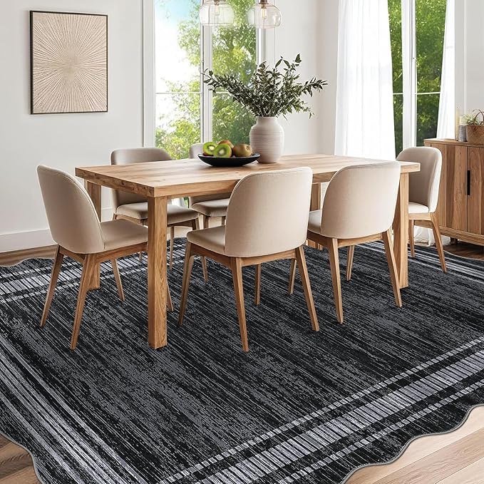 Garvee 5x7 Washable Rugs Non Slip Scalloped Area Rug for Bedroom Soft Low Pile Solid Large Bedroom Throw Carpet Stain Resistant Classic Neutral Area Rug Boho Rugs for Kitchen Nursery, Black