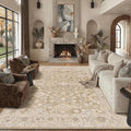 8x10 Taupe Washable Area Rug for Living Room Bedroom Neutral Soft Floral Non Slip Large Throw Rug Lightweight Vintage Low Pile Distressed Carpet Office Playroom Dining Room Home Decor