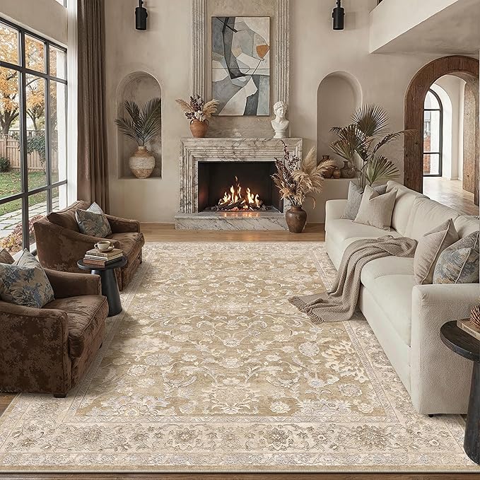 8x10 Taupe Washable Area Rug for Living Room Bedroom Neutral Soft Floral Non Slip Large Throw Rug Lightweight Vintage Low Pile Distressed Carpet Office Playroom Dining Room Home Decor