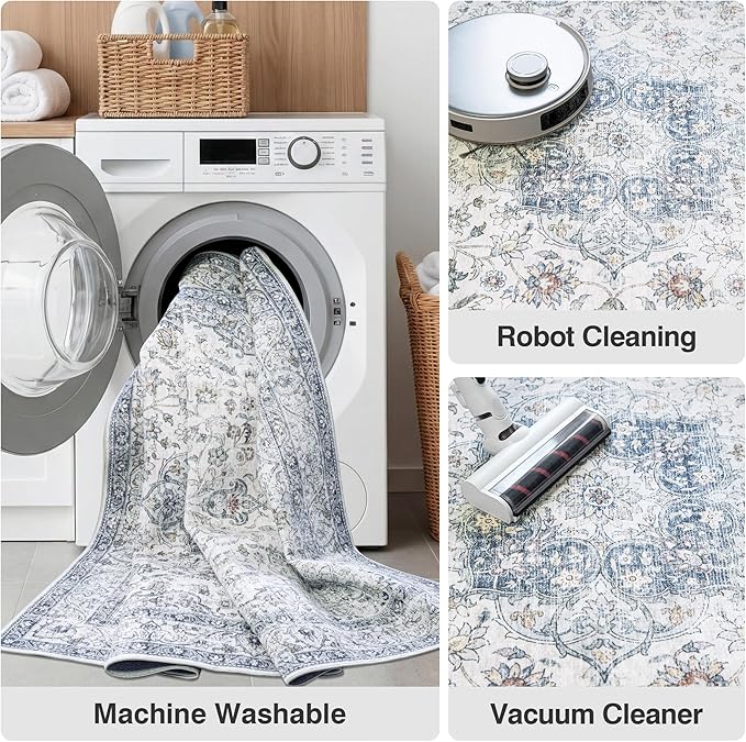 FMFUNCTEX 5x7 Blue Washable Area Rug Vintage Distressed Oriental Non Slip Low Pile Neutral Indoor Carpet for Living Room Bedroom Soft Retro Floral Thin Large Rug for Dining Nursery Office Dorm