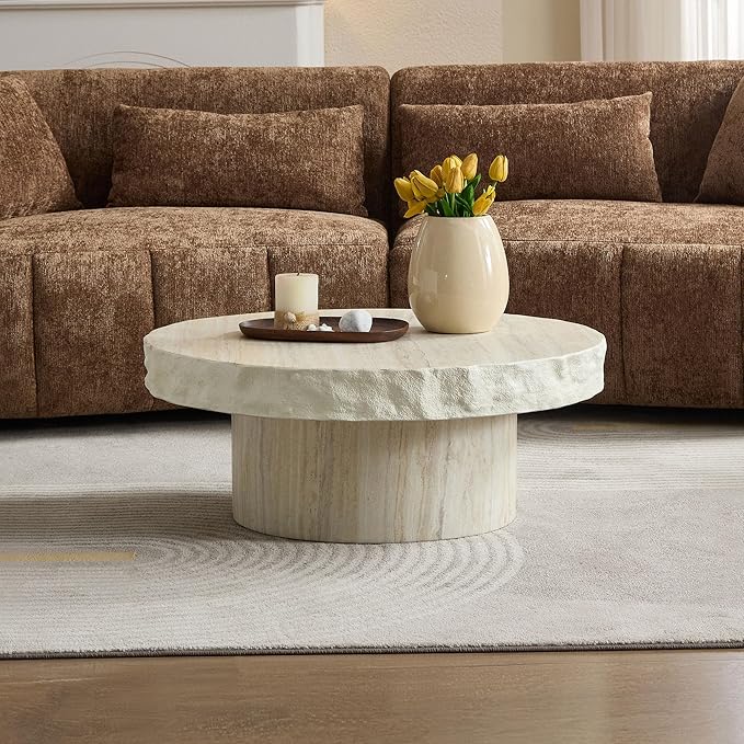 31.69" Round Coffee Table with Round Pedestal, Fiberglass Faux Marble Tabletop for Living Room, Modern Circle Center Table Tea Table for Apartment, Office, Beige Mars Pattern