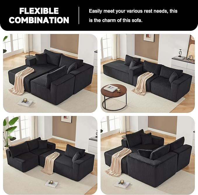 Weture 97" Modular Sectional Sofa, L-Shaped Boneless Couch with Deep Seat, Cozy Cloud Couch Sectional with Convertible Ottoman, Modern Sectional Couches for Living Room（ Black）