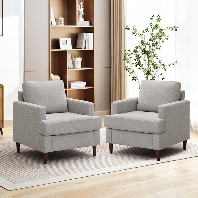 Weture Mid-Century Accent Chair,Modern Linen Fabric Armchair for Living Room,Comfy Upholstered Reading Accent Chairs for Bedroom,Single Sofa Chair with Wood Legs (Light Grey, 2 Pack)