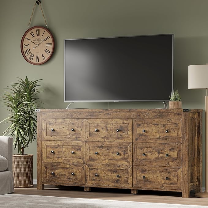 BORNOON 9-Drawer Dresser, Modern Wooden Storage Chest of Drawers, Dresser TV Stand, Wood Drawer Organizer with Metal Handles for Bedroom, Living Room, Hallway