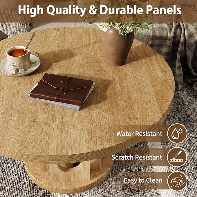 knoworld 31.5" Round Coffee Table, Small Wooden Circle Center Table Hole Panel Splice Design Coffee Tables for Living Room, Thickened Edge MDF Board, Natural Oak