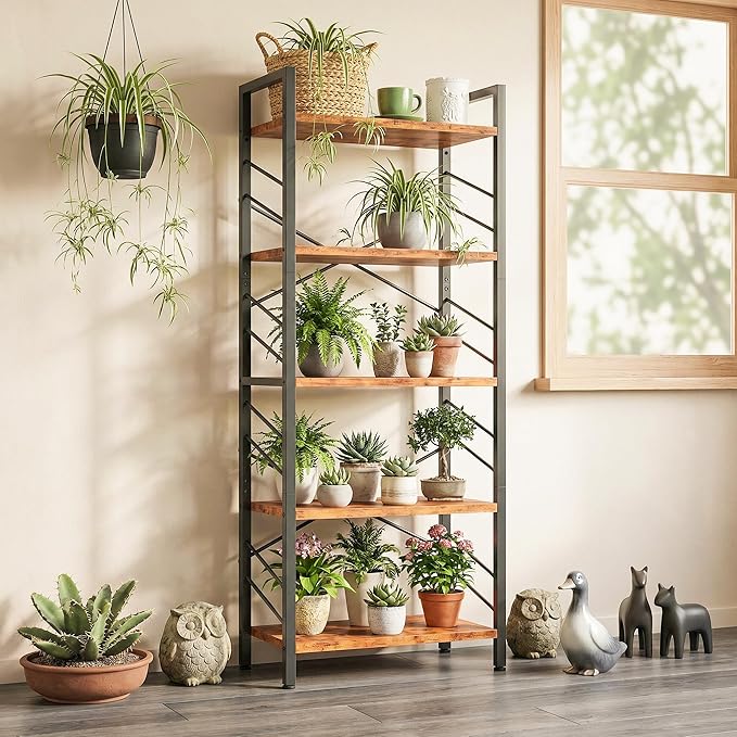 DurayLoly 2 Pieces Book Shelf, 5 Tier Tall Bookshelf with Metal Frame and Sidebars, Modern Bookcase for Bedroom, Home Office and Living Room, Rustic Brown