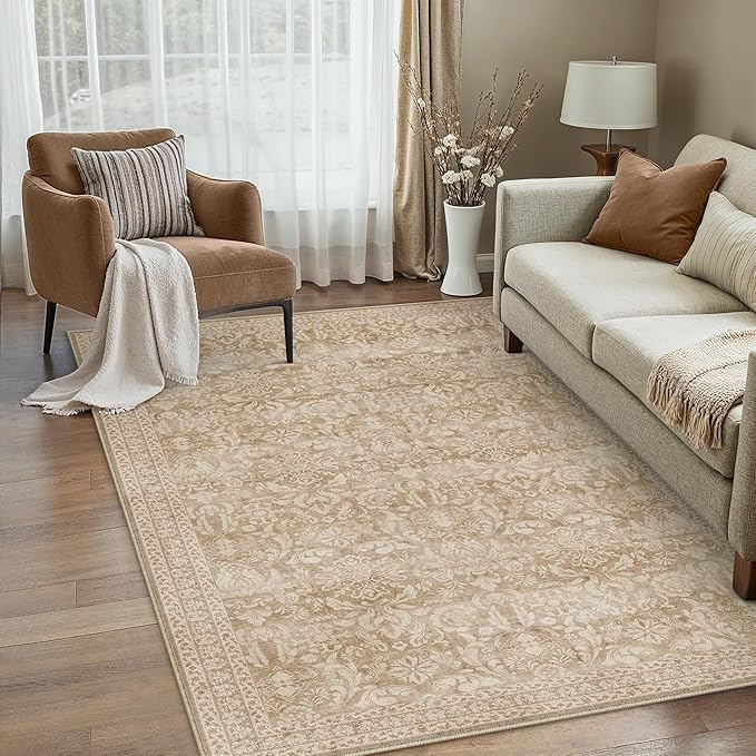 PureCozy 3x5 Area Rug Washable Entryway Office Vintage Carpet Indoor Non Slip Small Low Plie Thin Bedroom Kitchen Light Brown Rug Retro Accent Throw Living Dining Room Bathroom