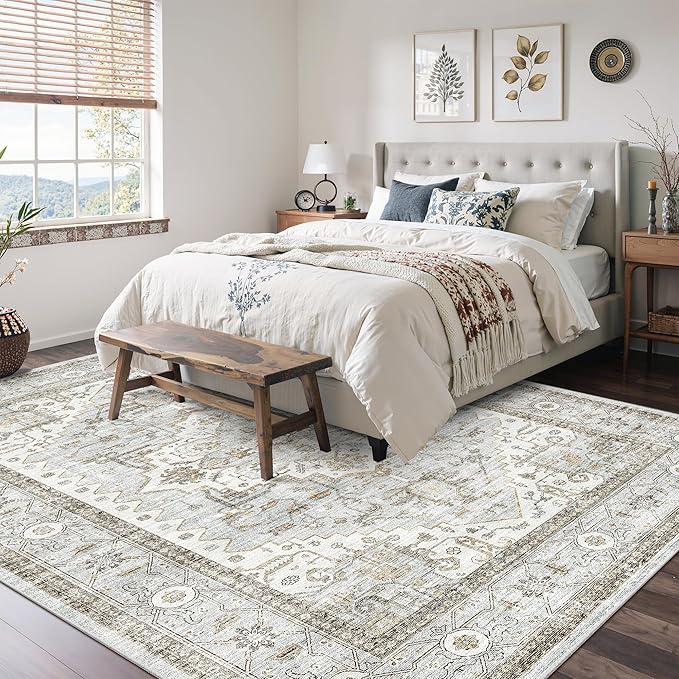 Area Rugs for Living Room - 6x9, Boho Non-Slip Low Pile Carpet Machine Washable Rugs for Bedroom, Farmhouse, Office, Dining Room (Light Blue＆Beige)