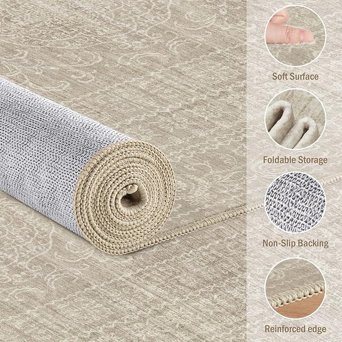 8ft Round Rug Living Room: Washable Large Vintage Rug Neutral Non-Slip Soft Stain Resistant Indoor Carpet for Bedroom Nursery Dining Room Under Table Bed Home House Office Playroom - Brown