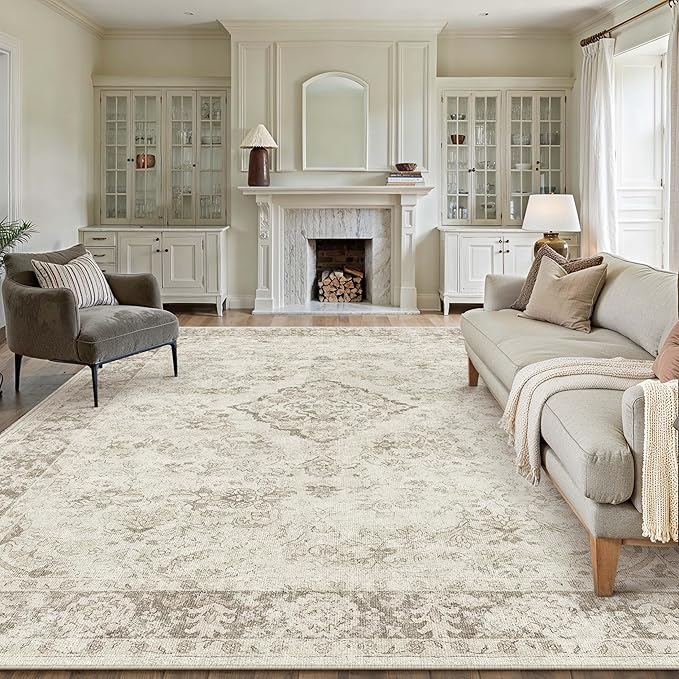 PureCozy 8x10 Area Rugs Beige Washable Living Room Bedroom Carpet Vintage Distressed Large Non Slip Low Pile Thin Dining Room Home Office Medallion Accent Rug