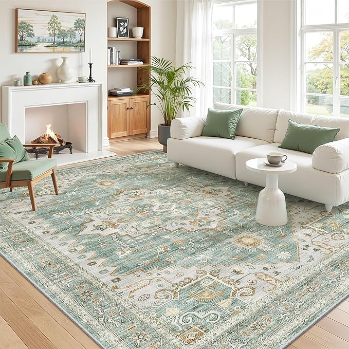 befbee Washable Area Rug 5x7, Area Rugs Stain Resistant Neutral Washable Rugs for Living Room Bedroom Vintage Non-Slip Thin Large Size Area Rug（Green）