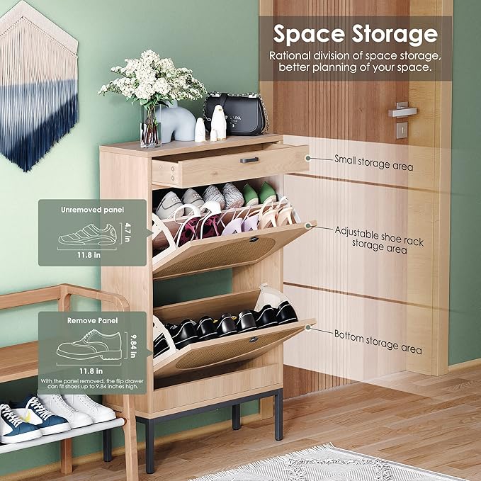 Yechen Shoe Rack Storage Organizer with 2 Natural Semi-Circular Rattan Doors, Entryway Wooden Shoe Cabinet for Sneakers, Leather Shoes, High Heels, Slippers (1 Piece, Oak)