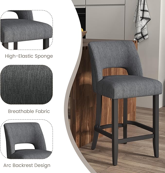 VKNOW Bar Stools Set of 6, 26" Upholstered Counter Height Bar Stools, Modern Counter Stools with Black Legs for Kitchen Island Dining Room Bar, Dark Grey-Black Legs