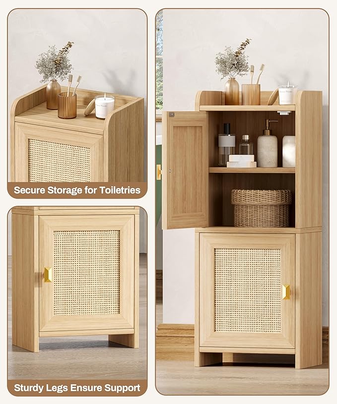 Akxomel Rattan Small Bathroom Cabinet with 2 Doors, 7.9''D x 11.8''W Narrow Toilet Paper Storage Cabinet, Bathroom Organizer for Small Space, Wooden Slim Corner Unit with Adjustable Shelf, Natural Oak