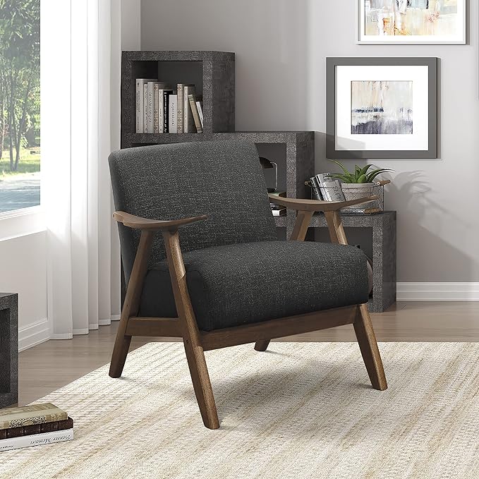 Lexicon Mid Century Modern Accent Chair with Solid Wood Frame in Walnut Finish, Upholstered Living Room Lounge Arm Chair, Thick and Comfy Innerspring Seat Cushion, Linen-Look Fabric, Dark Grey