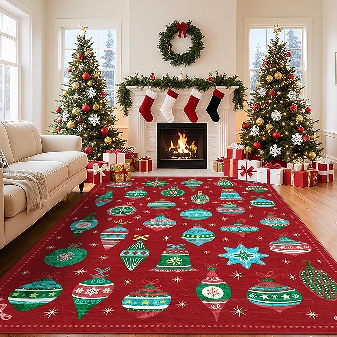 Christmas Area Rug 8x10 Bedroom Living Room Rugs Colorful Christmas Ball Washable Rug Soft Boho Bohemian Farmhouse Rug Indoor Floor Carpet for Bedroom Under Dining Table Home Office Decor，Red