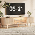 70" Fluted TV Stand with LED Lights for TVs up to 75 Inch, Mid Century Modern Entertainment Center with Sliding Doors & Glass Shelf, TV Console Table Media Console for Living Room, Natural Oak