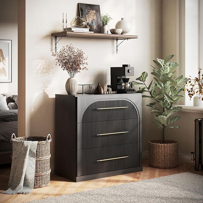 BELLEZE Fluted Modular Sideboard Cabinet, Classic Modern Buffet Cabinet with 3 Drawers, Accent Credenza Storage Cabinet for Dining Room Living Room Entryway (Ebony)