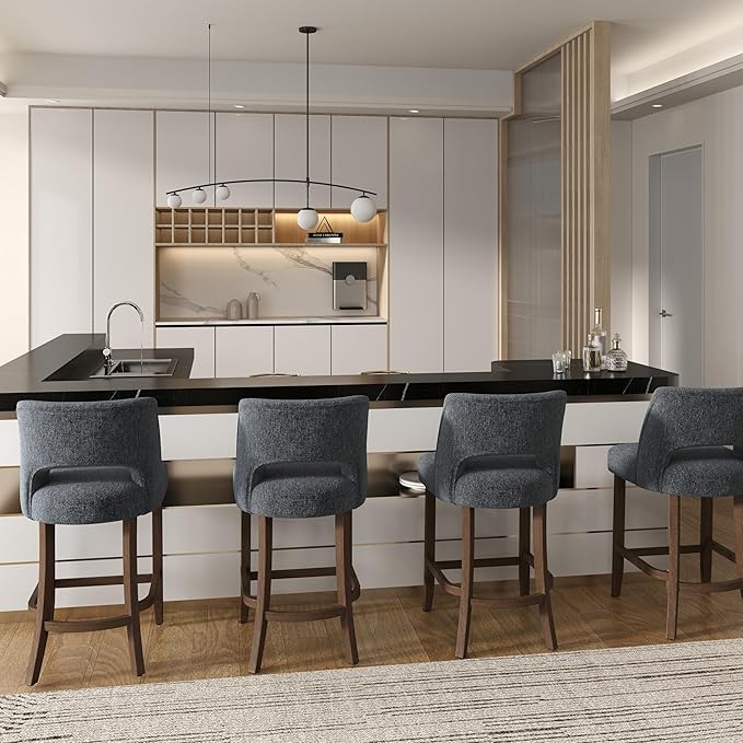 VKNOW Bar Stools Set of 4, 26" Upholstered Counter Height Bar Stools, Modern Counter Stools with Wood Legs for Kitchen Island Dining Room Bar, Navy Blue