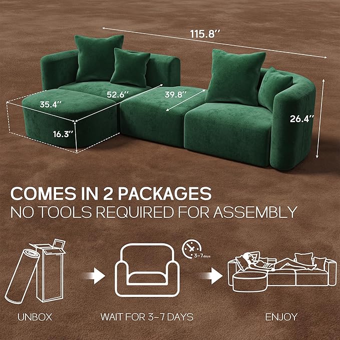 116" Modular Sectional Couches with Ottoman, Luxury Modern Curved Back Sofa, Minimalist Style Oversized 4 Seat Deep Comfy Convertible L Shape Boneless Couch for Living Room Office Apartment, Green