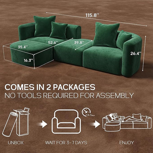 116" Modular Sectional Couches with Ottoman, Luxury Modern Curved Back Sofa, Minimalist Style Oversized 4 Seat Deep Comfy Convertible L Shape Boneless Couch for Living Room Office Apartment, Green