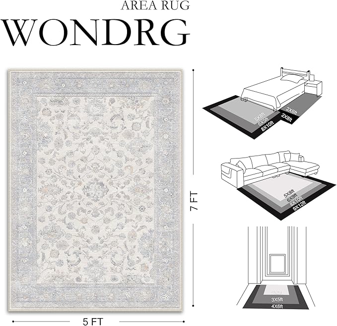 8x10 Blue Washable Area Rug for Living Room Bedroom Neutral Soft Floral Non Slip Runner Rug Lightweight Vintage Low Pile Distressed Carpet Doormat Office Playroom Dining Room Home Decor