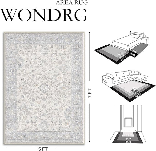 8x10 Blue Washable Area Rug for Living Room Bedroom Neutral Soft Floral Non Slip Runner Rug Lightweight Vintage Low Pile Distressed Carpet Doormat Office Playroom Dining Room Home Decor