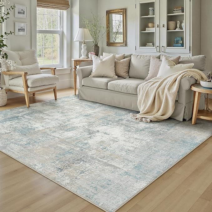 6x9 Washable Area Rug Blue Cream Abstract Non Slip Soft Low Pile Rug for Living Room Bedroom Dining Room Office Neutral Modern Indoor Throw Carpet for Home Decor