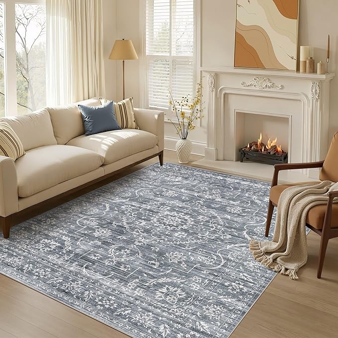 5x7 Area Rug Living Room: Washable Large Vintage Grey Rug Neutral Non-Slip Soft Stain Resistant Indoor Carpet for Bedroom Nursery Dining Room Under Table Bed Home House Office Playroom - Retro Blue