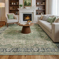 FMFUNCTEX 6x9 Green Washable Area Rug Vintage Distressed Oriental Non Slip Low Pile Neutral Indoor Carpet for Living Room Bedroom Soft Retro Floral Thin Large Rug for Dining Nursery Office Dorm