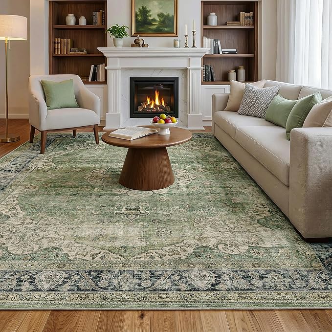 FMFUNCTEX 8x10 Green Washable Area Rug Vintage Distressed Oriental Non Slip Low Pile Neutral Indoor Carpet for Living Room Bedroom Soft Retro Floral Thin Large Rug for Dining Nursery Office Dorm