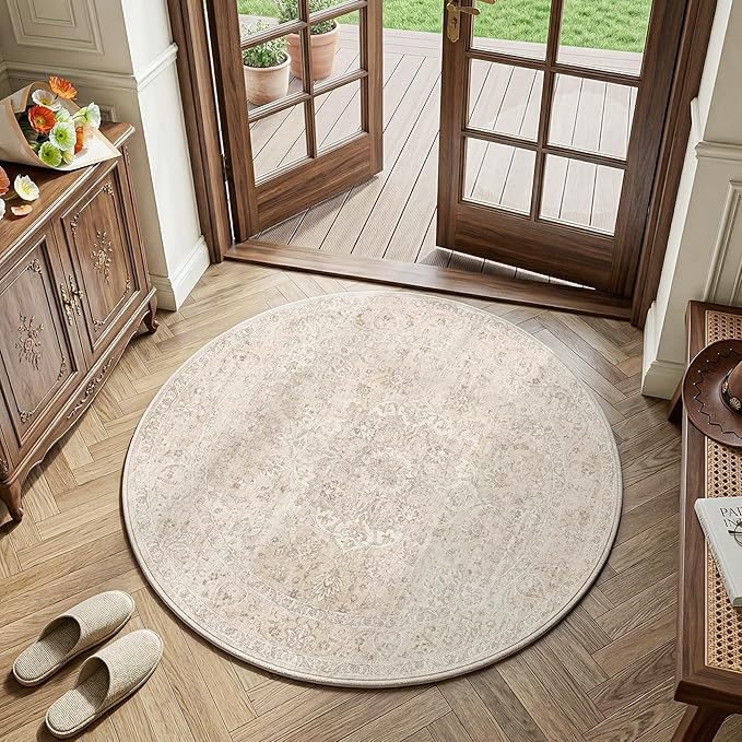 FMFUNCTEX 3ft Round Washable Area Rug Beige Vintage Neutral Oriental Distressed Small Non Slip Carpet for Living Room Bedroom Soft Low Pile Indoor Mat Cream Retro Rug for Entryway Bathroom Bedside