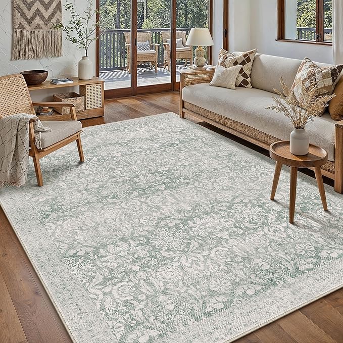 PureCozy Green 5x7 Area Rug Washable Vintage Living Room Bedroom Carpet Indoor Non Slip Soft Low Pile Thin Rug Retro Accent Throw Office Dining Room