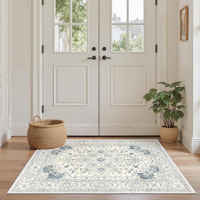 2x3 Entryway Area Rug - Neutral Washable Rugs for Dining Room Kitchen Rug Vintage Soft Floor Mat Non Slip Indoor Farmhouse Carpet for Bathroom Bedroom(BeigeBlue)