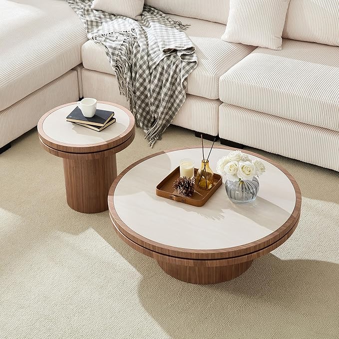 35.43" Farmhouse Round Coffee Table with Sintered Stone Tabletop, Sturdy Wood MDF Pedestal Coffee Tables for Living Room, Modern Circle Center Tea Table for Apartment, Office Bedroom Walnut