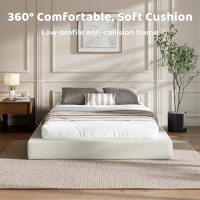 RECCI AirFrame Queen Bed Frame, Cloud Upholstered Platform Bed Frame, 5 Inch Fully Boxy Foam Cushioned, Square Shape Base, No Box Spring Needed, Easy Assembly | Cream Boucle, Soft Low-Profile