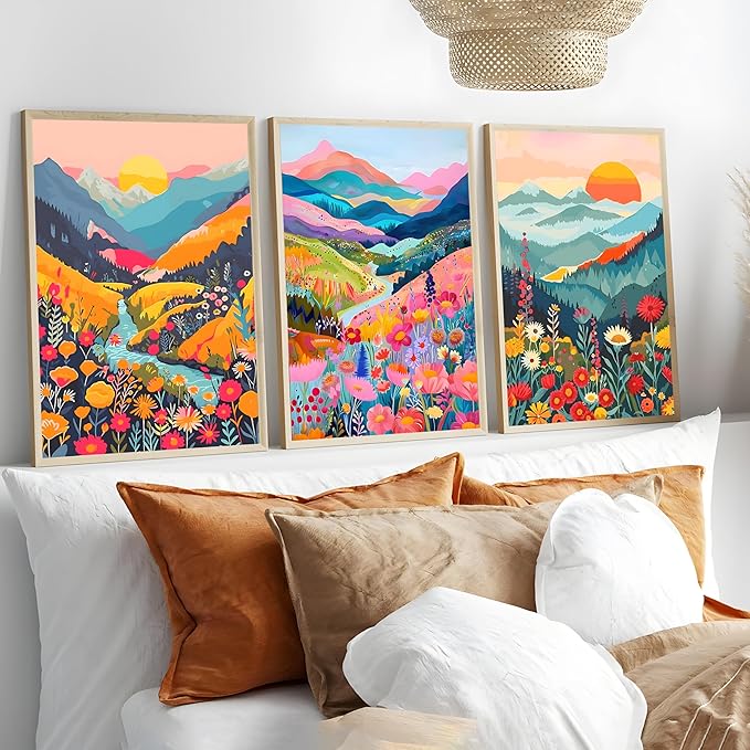 Yudinbin Colorful Mountain Poster Wall Art Set of 3 Boho Watercolor Flower Picture Wall Decor Abstract Nature Landscape Artwork Paintings Print for Living Room Bedroom Office 16x24In Unframed