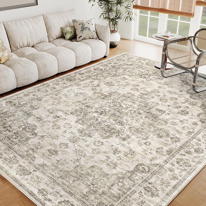 9x12 Neutral Area Rug Taupe Vintage Living Room Bedroom Carpet Non-Slip Soft Low Pile Washable Farmhouse Indoor Indoor Large Throw Rug for Dining Room Office