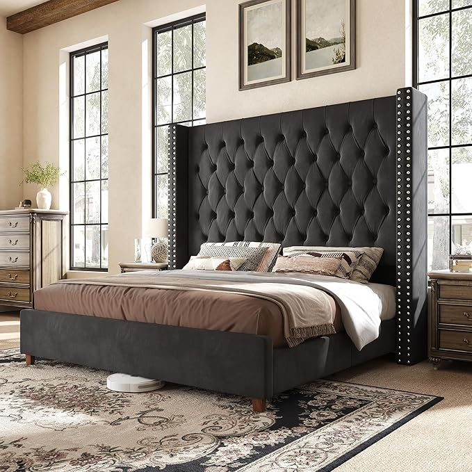 PaPaJet California King Size Bed Frame with 61.4" Tall Wingback Design Headboard, Velvet Upholstered Platform, Handmade Deep Button Tufting, Solid Wood Legs, No Box Spring Needed, Black