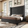 PaPaJet California King Size Bed Frame with 61.4" Tall Wingback Design Headboard, Velvet Upholstered Platform, Handmade Deep Button Tufting, Solid Wood Legs, No Box Spring Needed, Black
