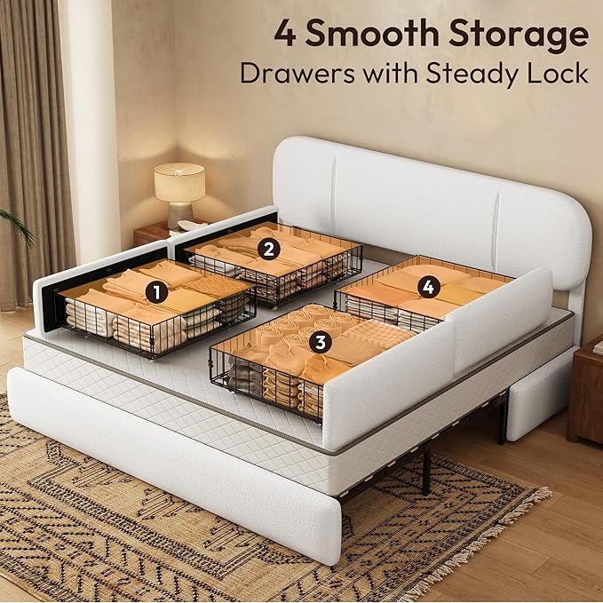 King Size Bed Frame with Storage, Boucle Cloud Bed with 4 Locking Drawers & LED Lights, Modern Upholstered Platform Bed, Plush Sides & Footboard, Adjustable Headboard, No Box Spring, White