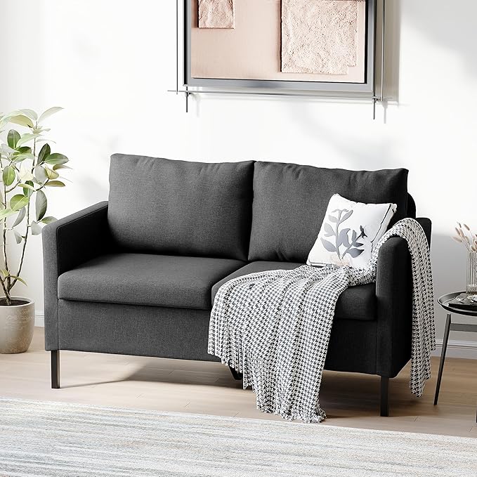 TYBOATLE Linen Fabric Modern Small Loveseat Sofa Couch for Living Room, 51" W Little Upholstered 2-Seater Mini Love Seats w/Iron Legs for Small Space, Apartment, Bedroom, Dorm, Office (Dark Grey)