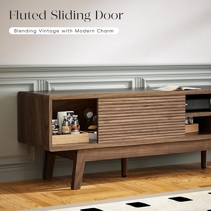 MU 59 Inch TV Stand for TVs up to 65 Inch, Mid Century Modern TV Console with Fluted Sliding Doors & Shelves, Low Profile Entertainment Center for Bedroom, Living Room (Walnut, 59")