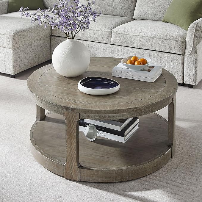 WILLIAMSPACE 40" Round Coffee Table with Wheels, Circle 2 Tier Solid Wood Center Coffee Table, Mid Century Retro Farmhouse Rounded End Table for Living Room Apartment, ø40 x 17.52" H (Light Brown)