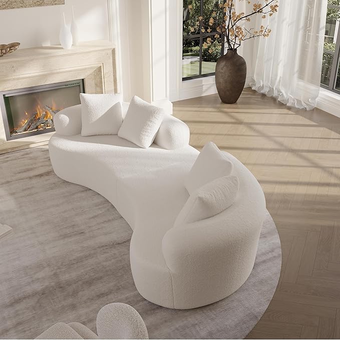 106.7" Modern Curved Oversized Sectional Sofa, Minimalist Modular Cloud Couch with 4 Throw Pillows, Luxury 4-Seater Extra Deep & Wide Seat Sofa in Soft Teddy Fabric, Cream White
