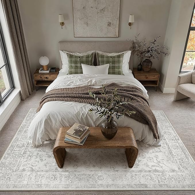 5x7 Grey Washable Area Rug for Living Room Bedroom Neutral Soft Floral Non Slip Large Throw Rug Lightweight Vintage Low Pile Distressed Carpet Office Playroom Dining Room Home Decor