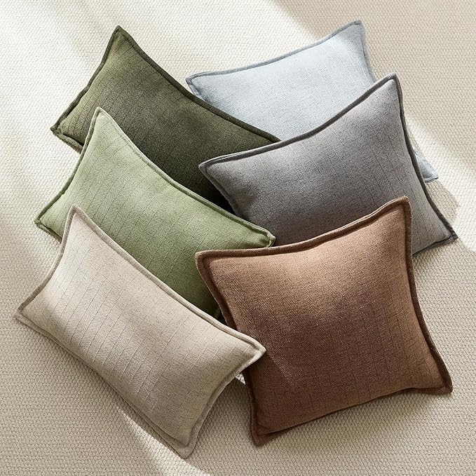DEZENE 22x22 Linen Pillow Covers Brown Pack of 2 Farmhouse Boho Neutral Accents Striped Textured Square Decorative Throw Pillow Cases for Living Room Couch Bed Home Decor