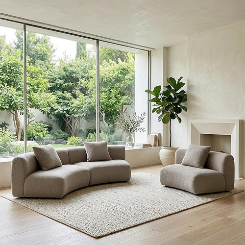 Acanva Modern Curved Sectional Living Room Couch, Minimalist Comfy Boucle Fabric Modular Sofa for Apartment, Home Office, Armless Chair, Light Coffee | Boucle Fabric, Modular, Minimalist, Comfy